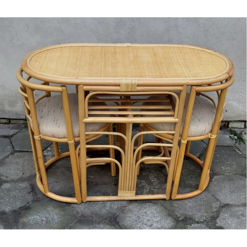 Set of vintage table and 2chairs rattan dining, 1980s