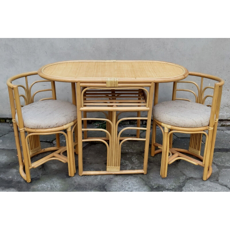 Conjunto de mesa e 2 cadeiras em rattan, 1980