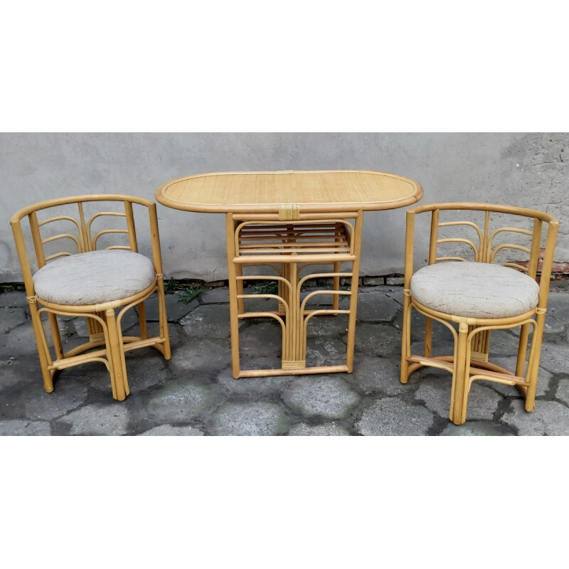 Conjunto de mesa y 2 sillas de ratán, 1980