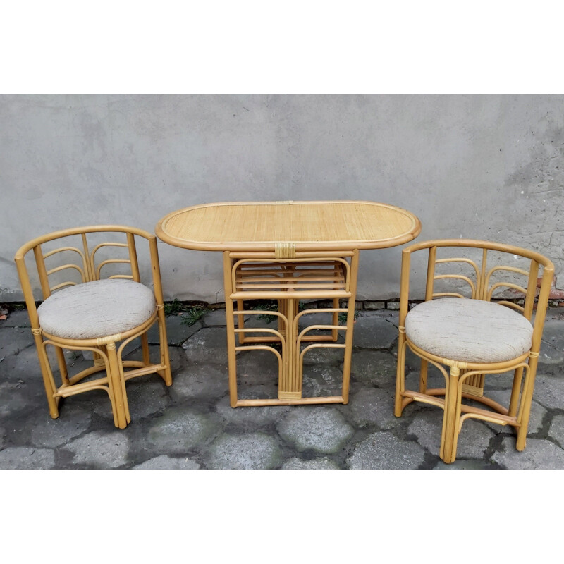 Set of vintage table and 2chairs rattan dining, 1980s