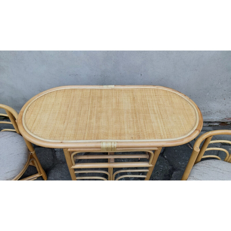 Set of vintage table and 2chairs rattan dining, 1980s