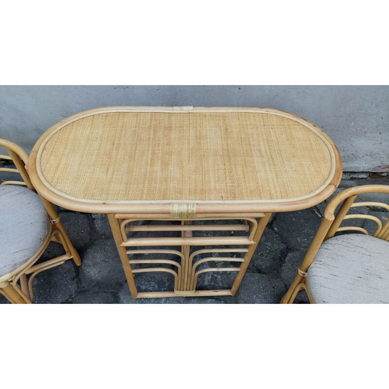 Set of vintage table and 2chairs rattan dining, 1980s