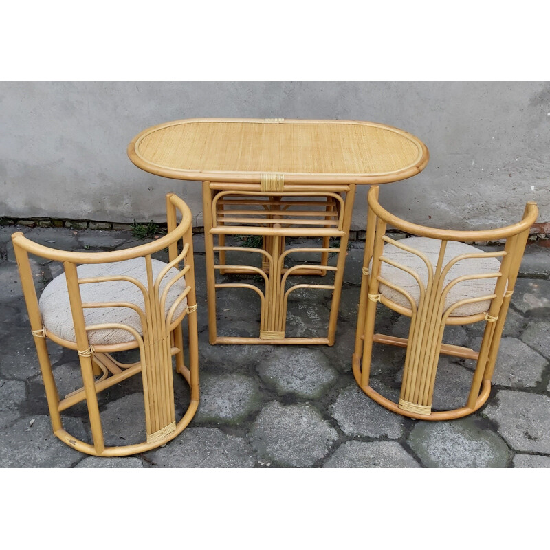 Set di tavolo e 2 sedie in rattan, 1980