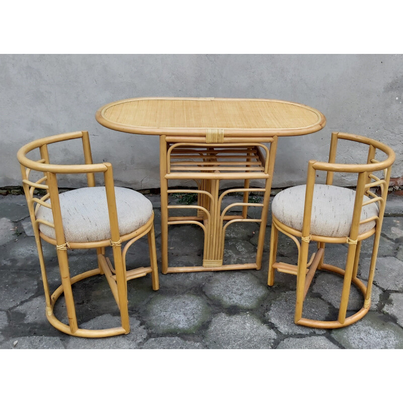 Set of vintage table and 2chairs rattan dining, 1980s