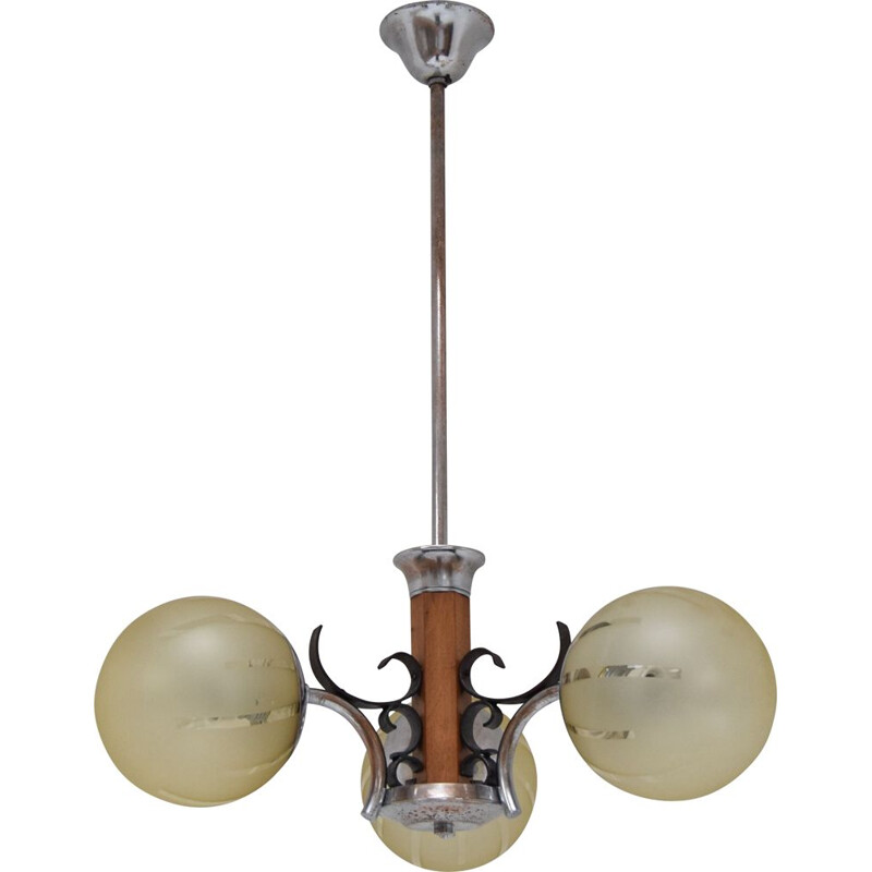 Vintage art deco glass and wood chandelier, Czechoslovakia 1930