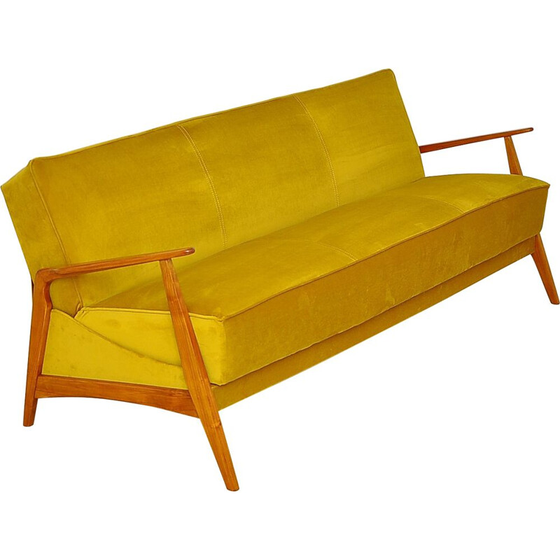 Mid century velvet and cherry wood sofa daybed, 1960s