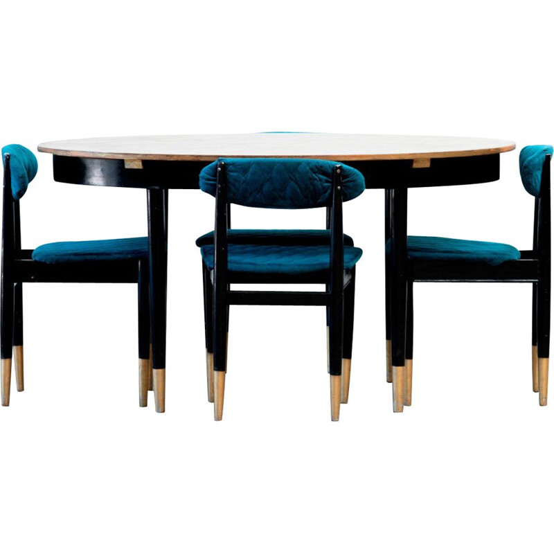 Ensemble Table et 4 chaises scandinave vintage  Noir et or, 1960