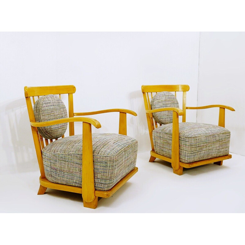 Pair of mid century wooden armchairs with new upholstery