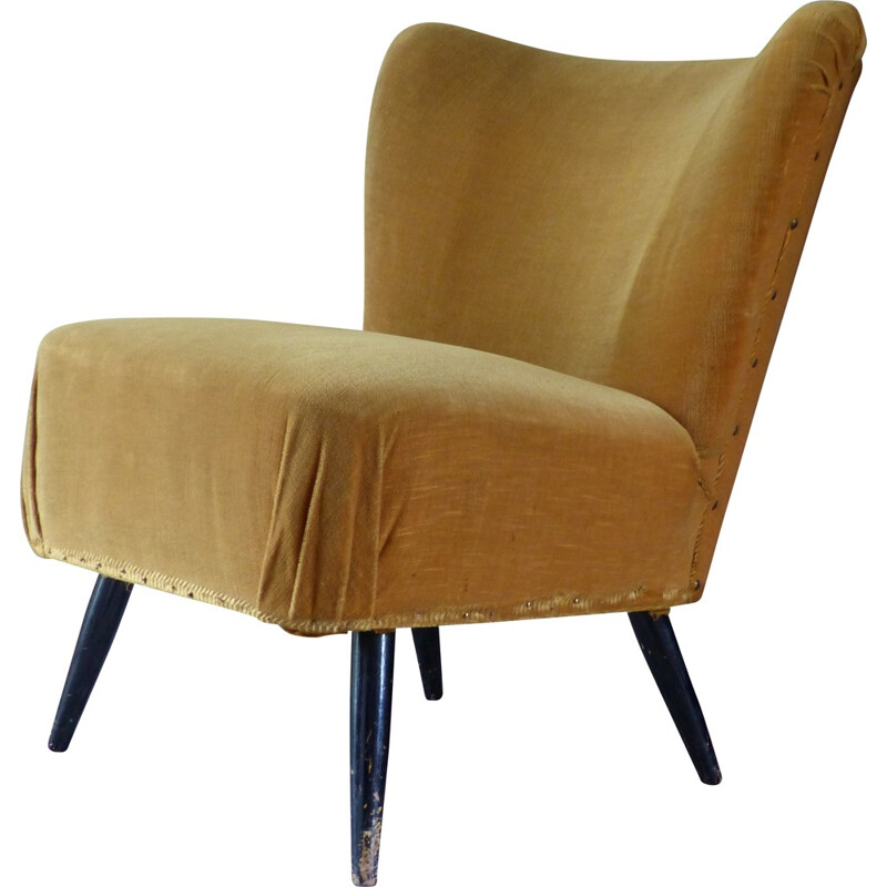 Paire de fauteuils cocktail en bois et velours moutarde - 1950