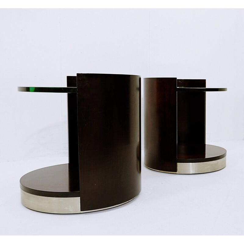 Pair of vintage end-tables in dark wood and glass, 1970s