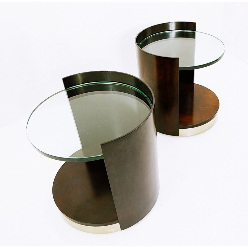 Pair of vintage end-tables in dark wood and glass, 1970s