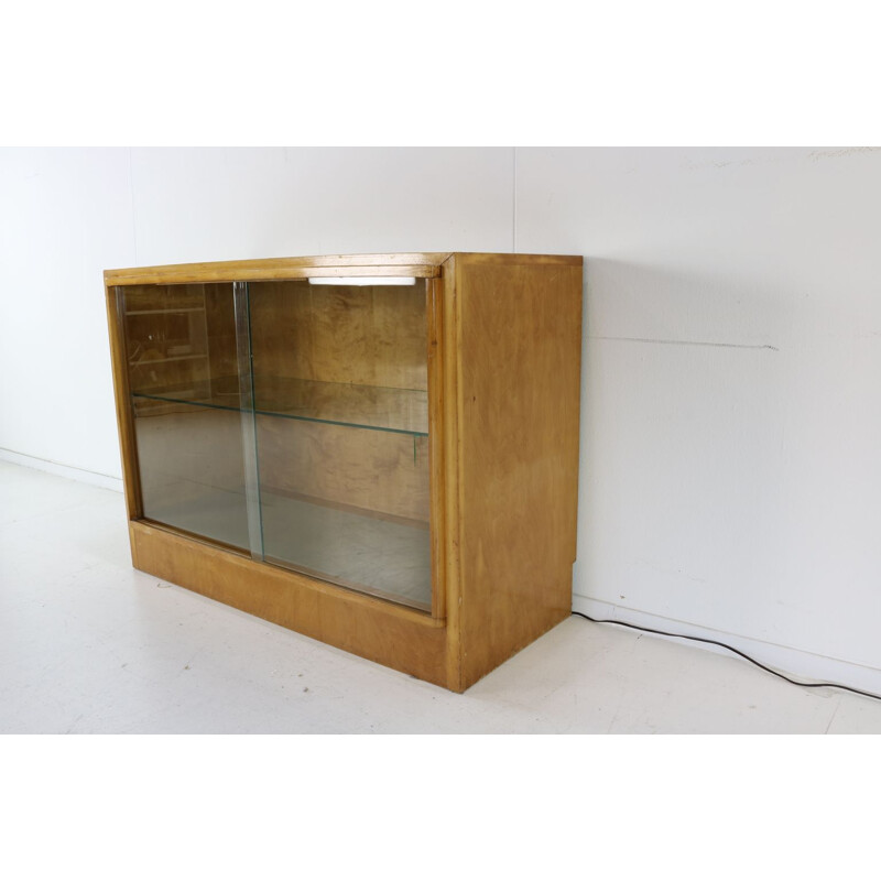 Mid century birchwood display vitrine cabinet with floorlight, 1950s