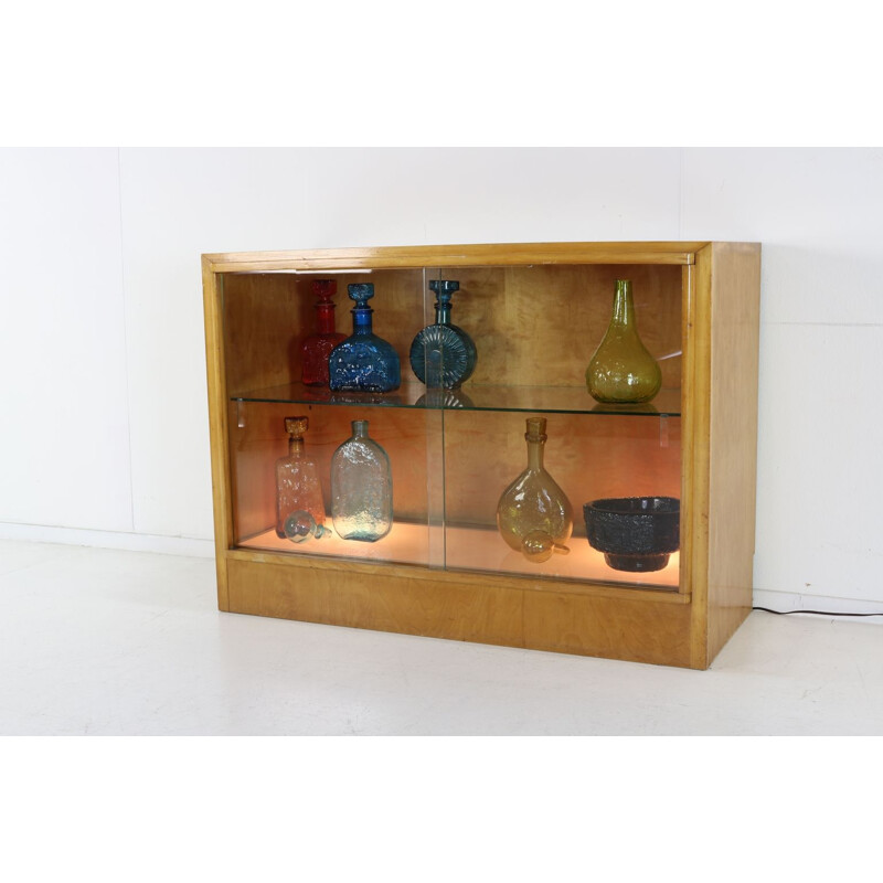 Mid century birchwood display vitrine cabinet with floorlight, 1950s