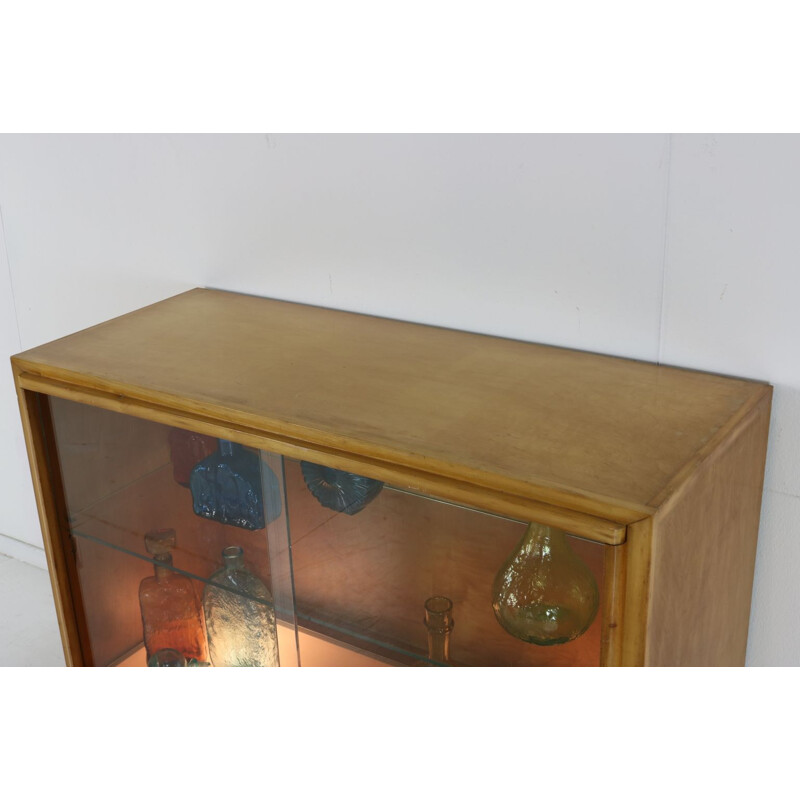 Mid century birchwood display vitrine cabinet with floorlight, 1950s