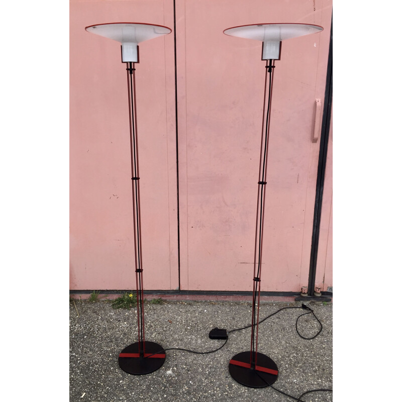 Pair of vintage floor lamps with steel frame and murano glass dome for Veart, Italy 1970