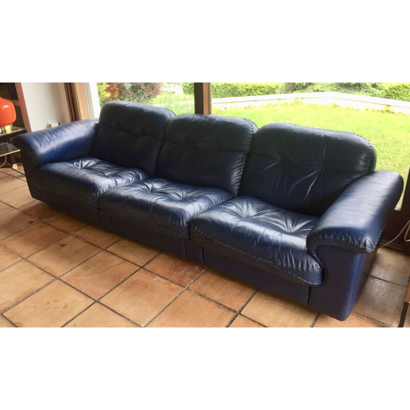 Blue vintage leather sofa DS 101 for De Sede, 1970s