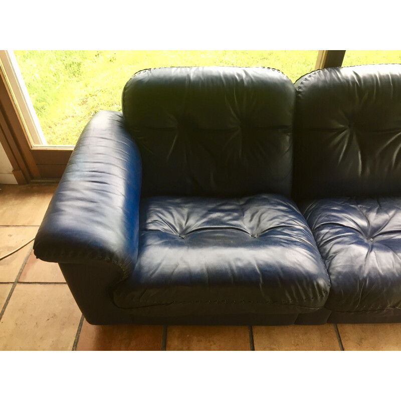 Blue vintage leather sofa DS 101 for De Sede, 1970s