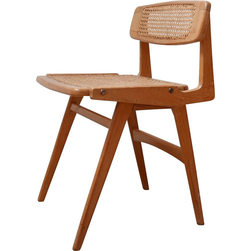 Mid century wood and cane desk chair by Roger Landault, France 1950s