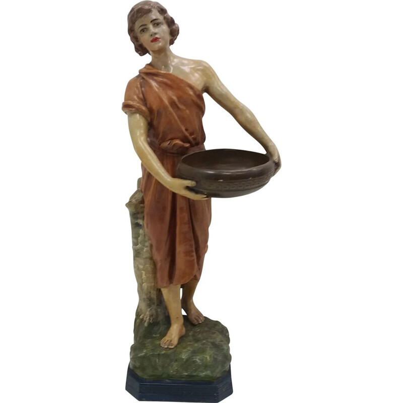 Statua vintage di ragazza in terracotta Art Déco, Cecoslovacchia 1930