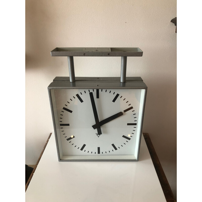 Mid century Pragotron square bilateral clock, Czechoslovakia 1970s