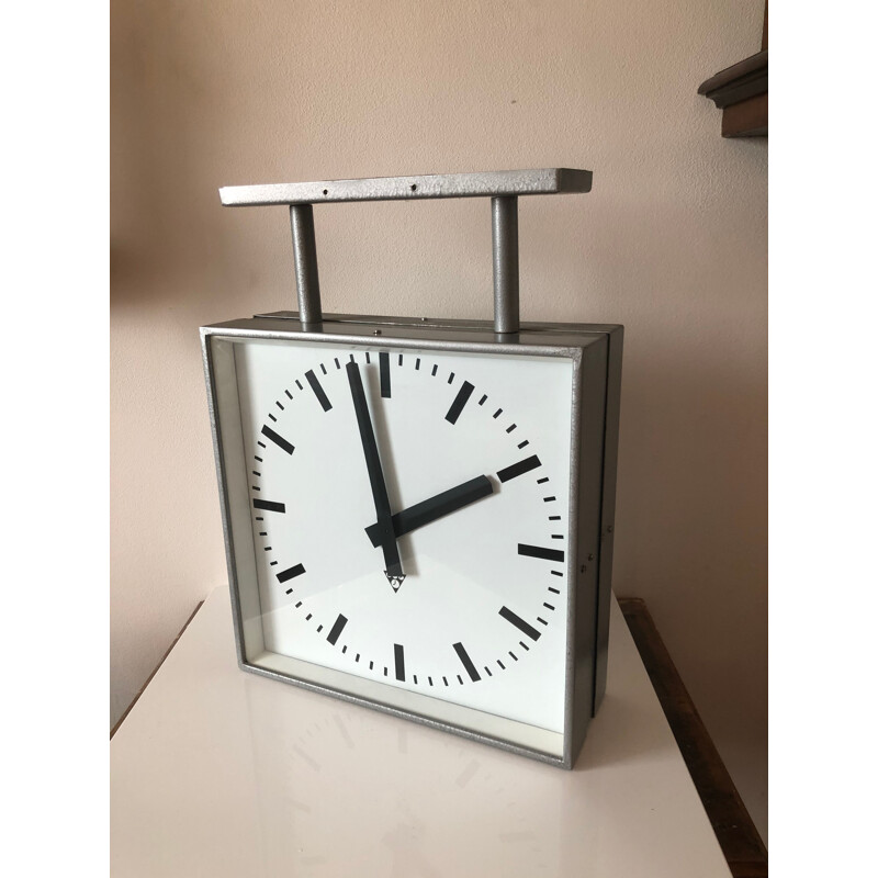 Mid century Pragotron square bilateral clock, Czechoslovakia 1970s