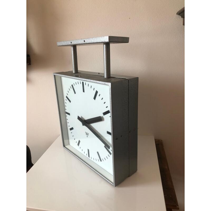 Mid century Pragotron square bilateral clock, Czechoslovakia 1970s