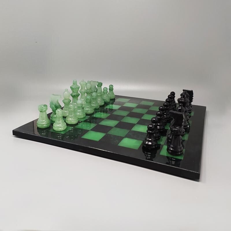 Jeu d'échecs vintage noir et vert en albâtre de Volterra fait à la main, Italie 1970