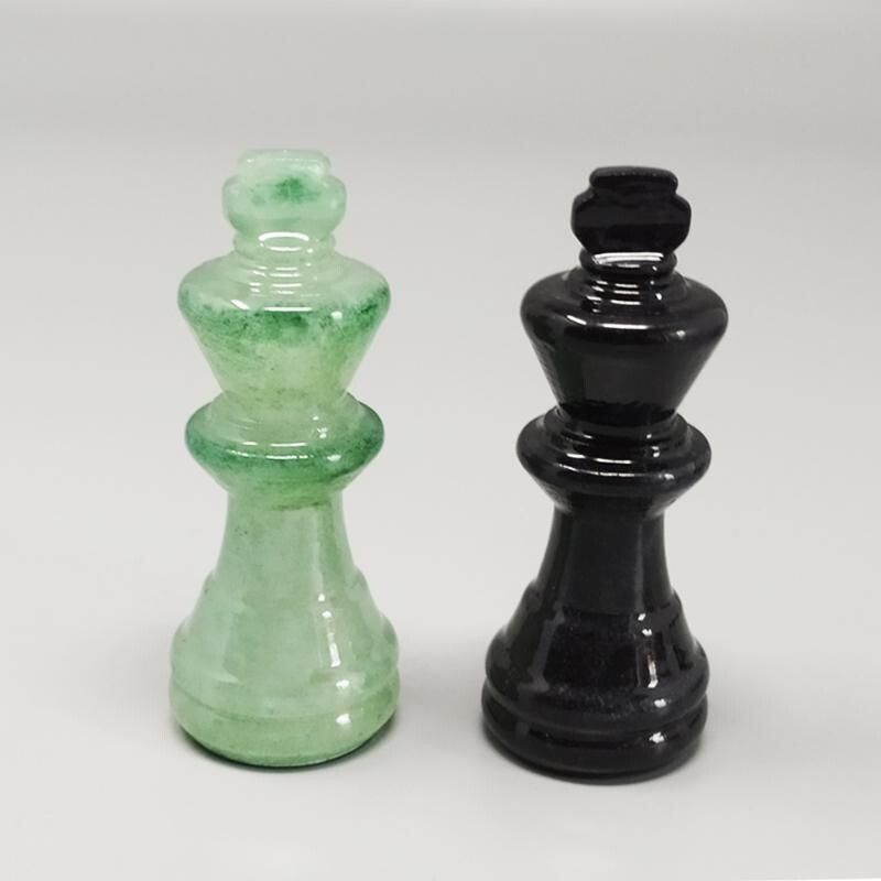 Jeu d'échecs vintage noir et vert en albâtre de Volterra fait à la main, Italie 1970