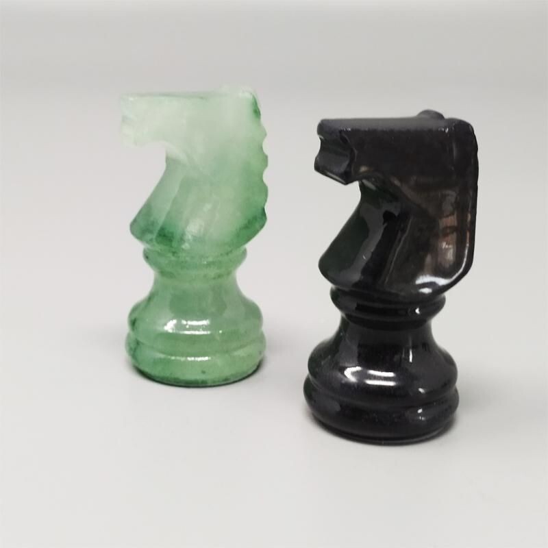 Vintage black and green chess set in Volterra Alabaster handmade, Italy 1970s