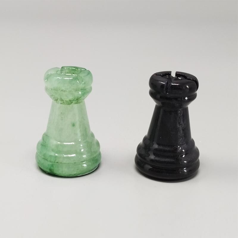 Vintage black and green chess set in Volterra Alabaster handmade, Italy 1970s