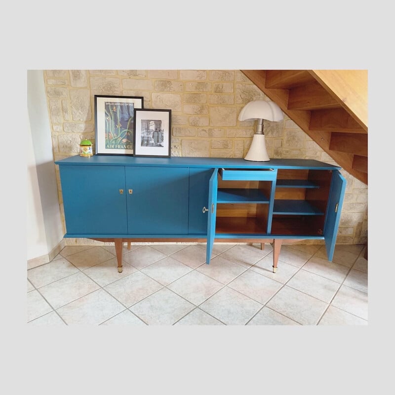 Enfilade bleu paon vintage avec 4 portes, 1950-1960