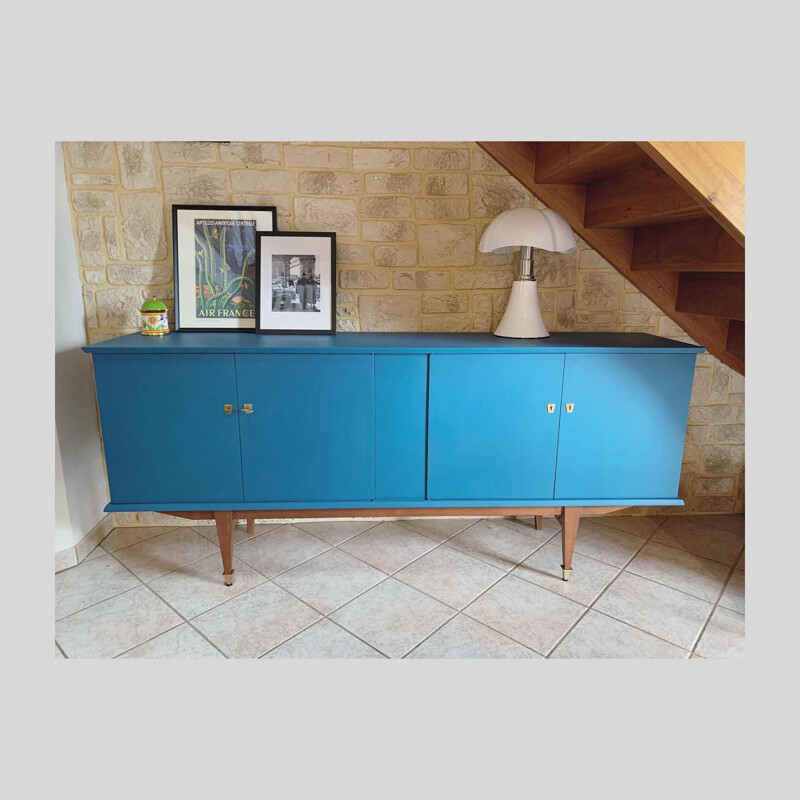 Vintage peacock blue sideboard with 4 doors, 1950-1960