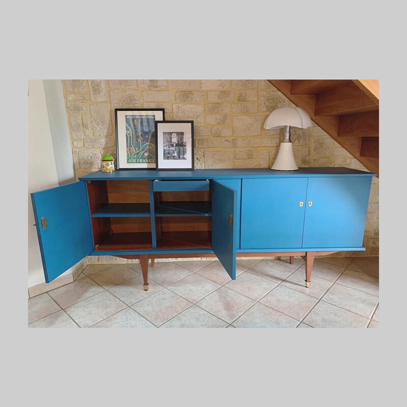 Vintage peacock blue sideboard with 4 doors, 1950-1960