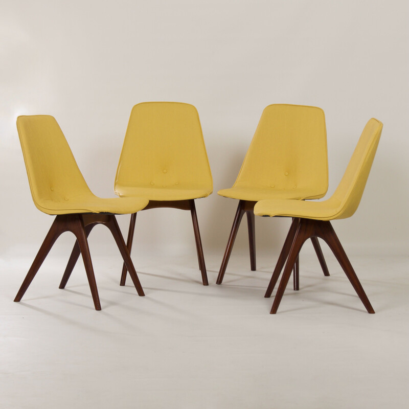 Set of 4 vintage yellow teak dining chairs by Van Os, 1950