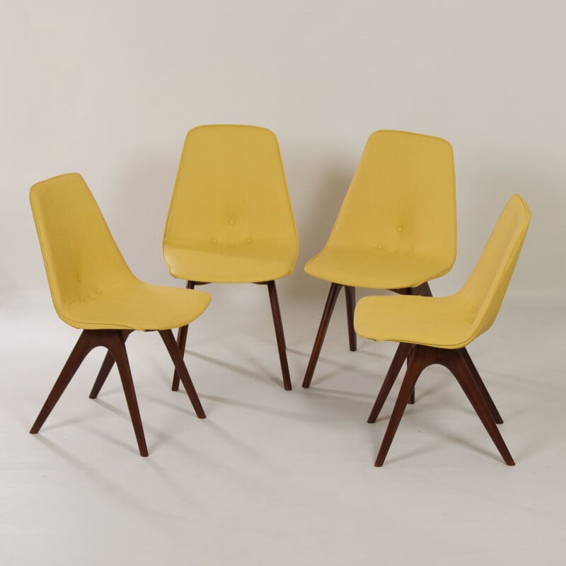 Set of 4 vintage yellow teak dining chairs by Van Os, 1950