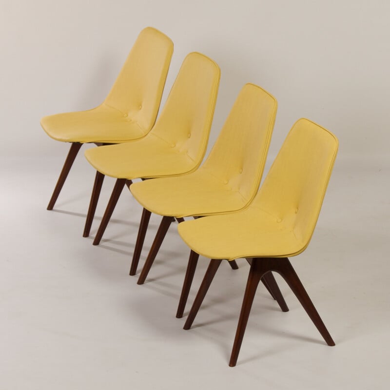 Set of 4 vintage yellow teak dining chairs by Van Os, 1950