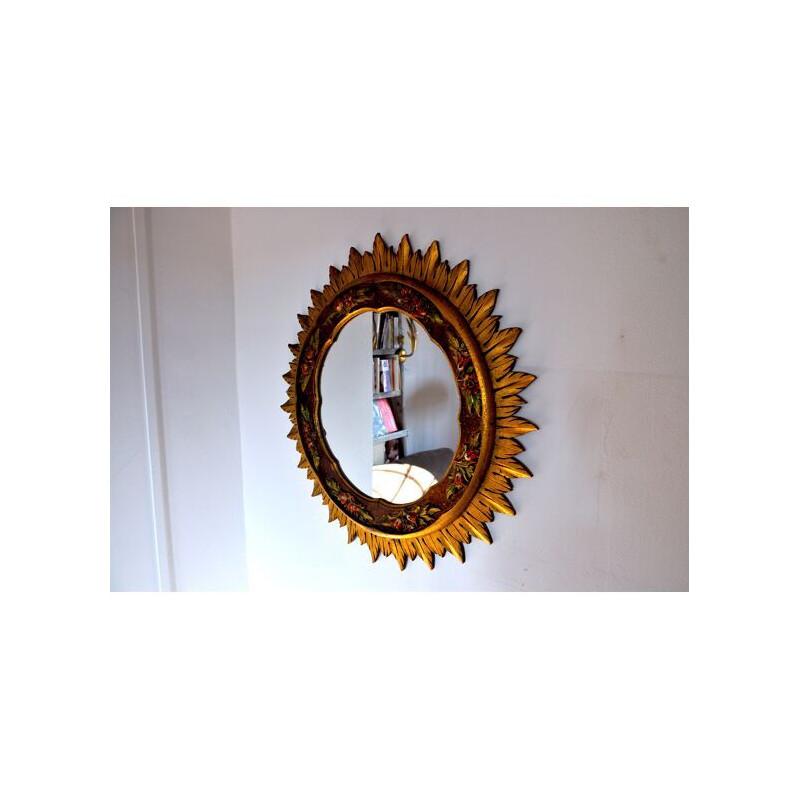 Vintage gilded wood sun mirror, France 1980