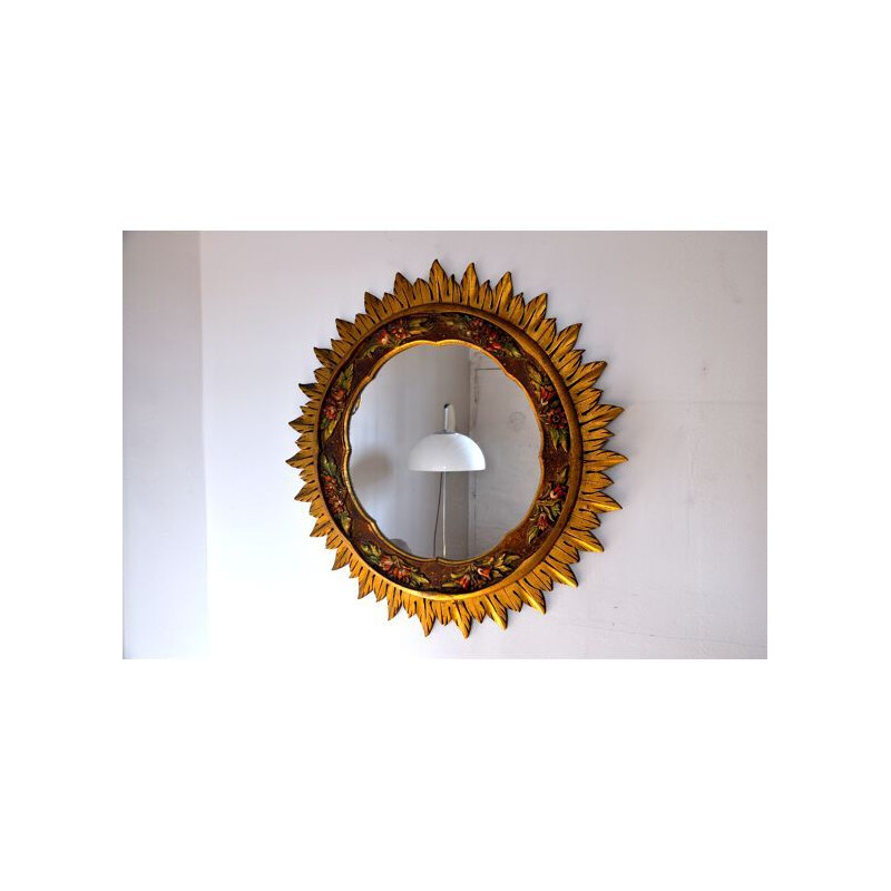 Vintage gilded wood sun mirror, France 1980