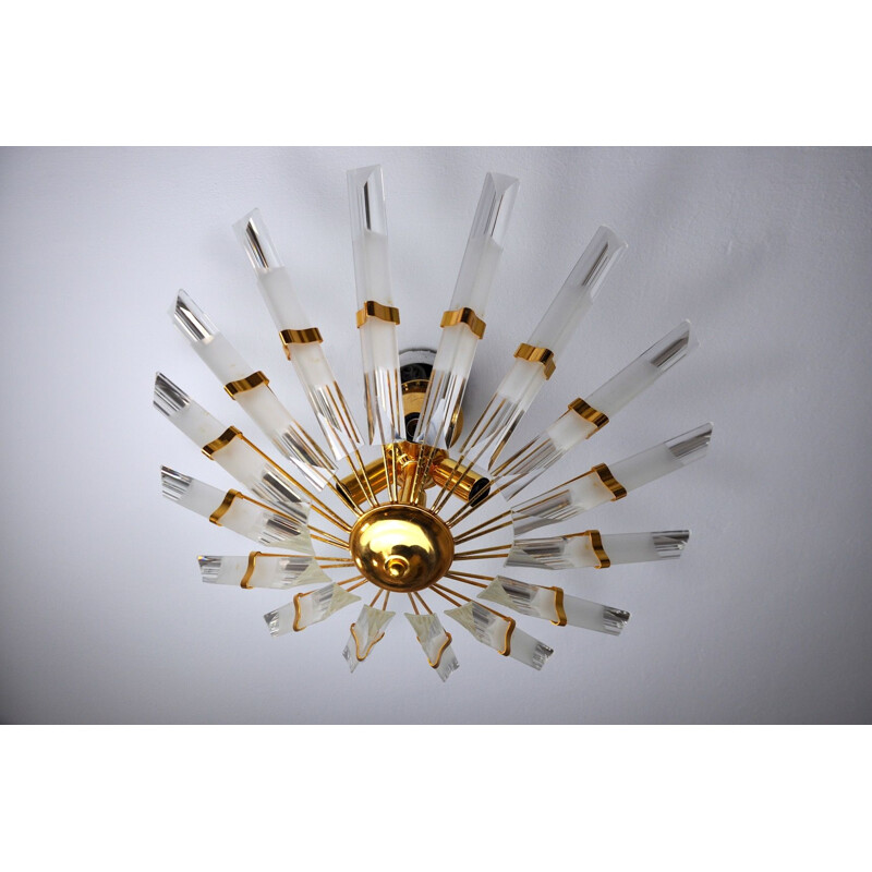 Vintage venini sunny ceiling lamp in murano glass and gilded metal, Italy 1970