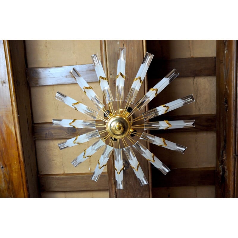Vintage venini sunny ceiling lamp in murano glass and gilded metal, Italy 1970
