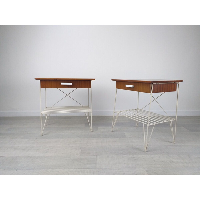 Pair of vintage swedish bedside tables with steel legs, 1950s