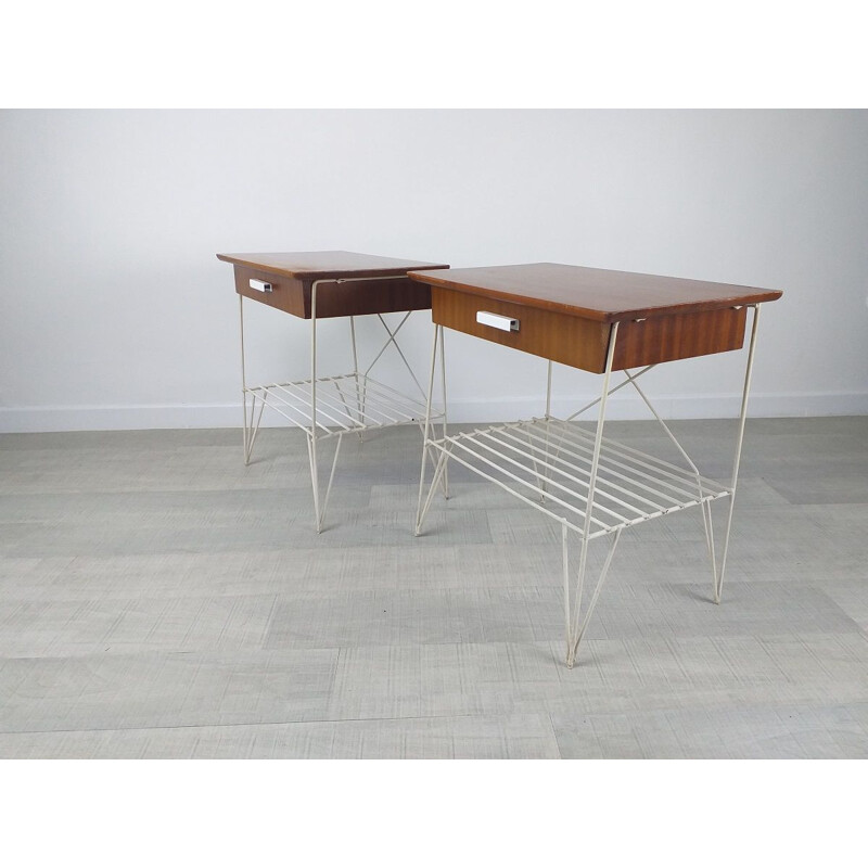 Pair of vintage swedish bedside tables with steel legs, 1950s