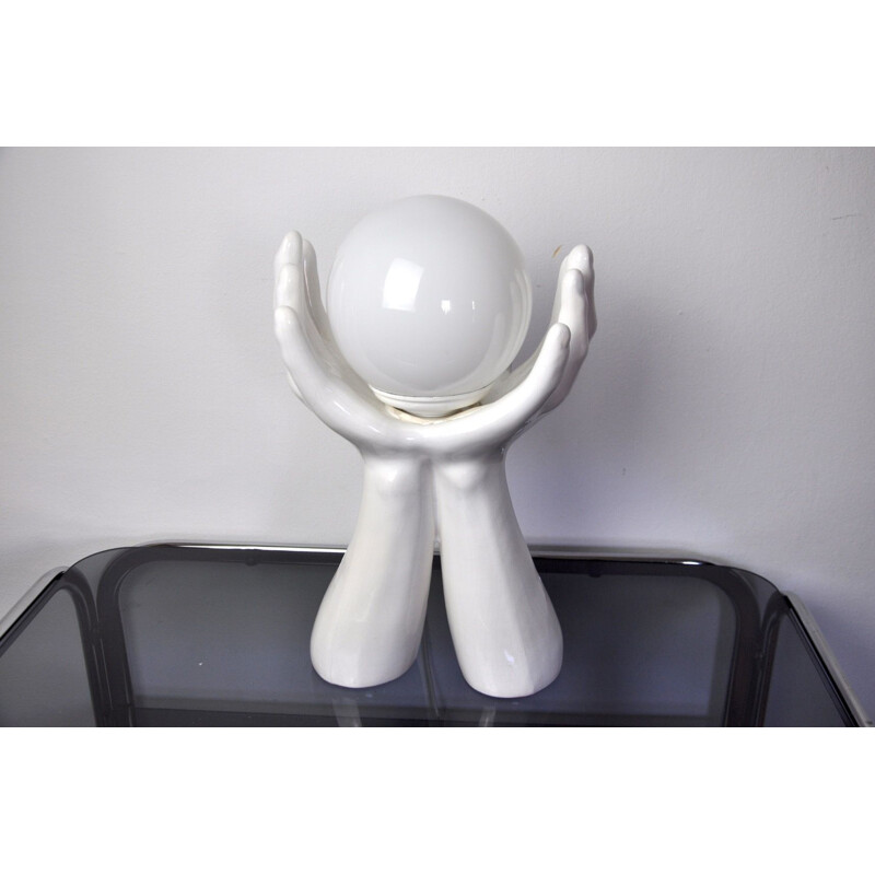 Vintage white ceramic and opaline hand lamp, France 1980