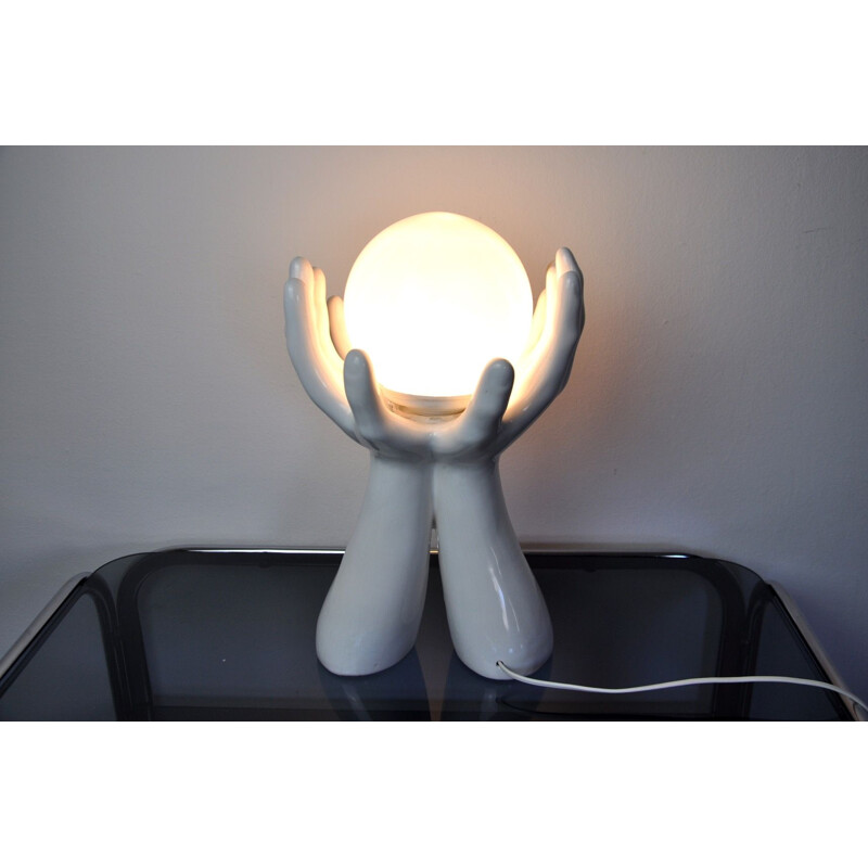 Vintage white ceramic and opaline hand lamp, France 1980