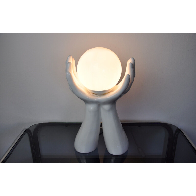 Vintage white ceramic and opaline hand lamp, France 1980