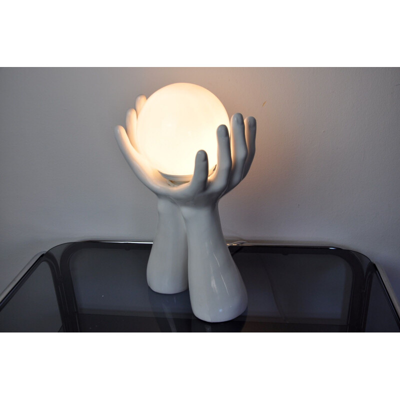 Vintage white ceramic and opaline hand lamp, France 1980