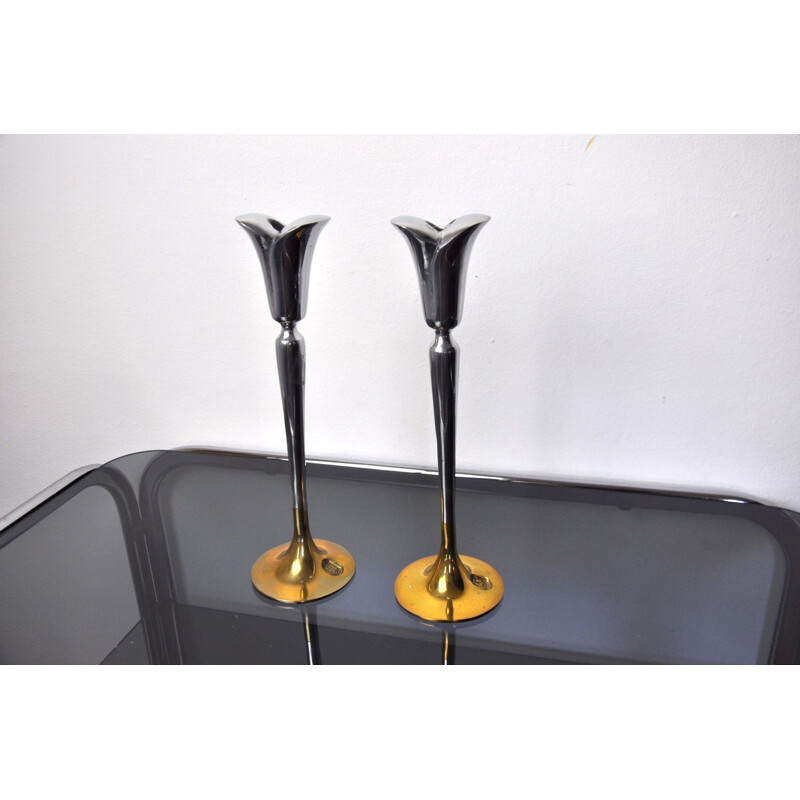 Pair of vintage brutalist candlesticks in aluminium and gilded metal by Art3, Spain 1980s