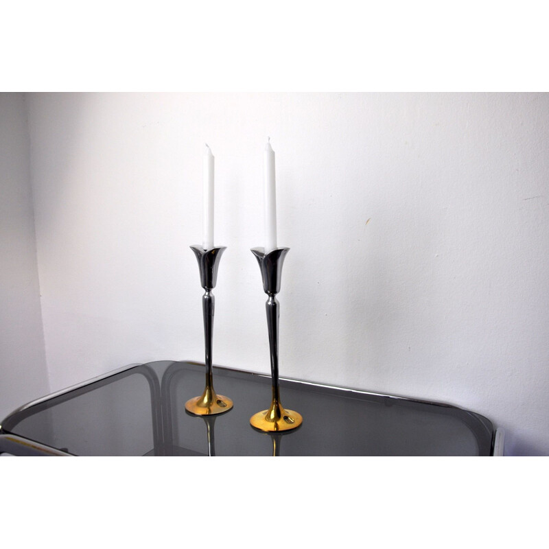 Pair of vintage brutalist candlesticks in aluminium and gilded metal by Art3, Spain 1980s