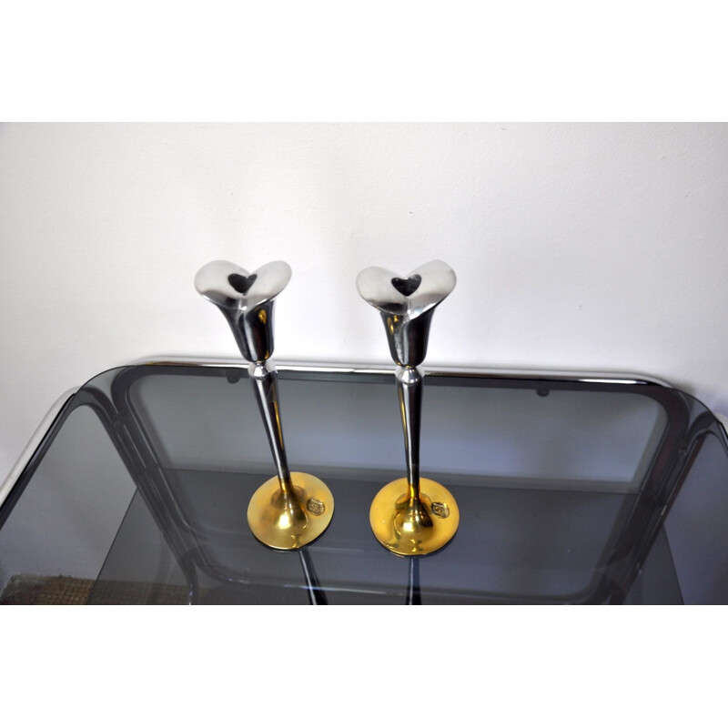 Pair of vintage brutalist candlesticks in aluminium and gilded metal by Art3, Spain 1980s