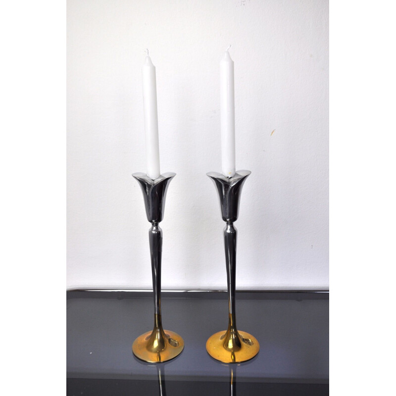 Pair of vintage brutalist candlesticks in aluminium and gilded metal by Art3, Spain 1980s